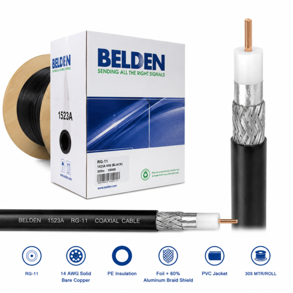 Belden 1523A RG-11 Broadband Coaxial Cable 14 AWG Solid Bare Copper Covered Steel 305 Meter PVC CM Black