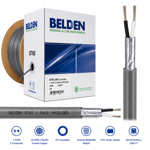 Belden 8760 Electronic Shielded Cable 1 Pair 18 AWG 305 Meter CM Chrome