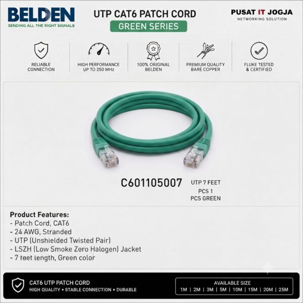 BELDEN C601105007 CAT6 UTP Patch Cord 24AWG Stranded 7 Feet (2.13 Meter) Green