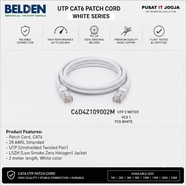 BELDEN C6D4Z109002M CAT6 UTP Patch Cord LSZH 28AWG Stranded 2 Meter White